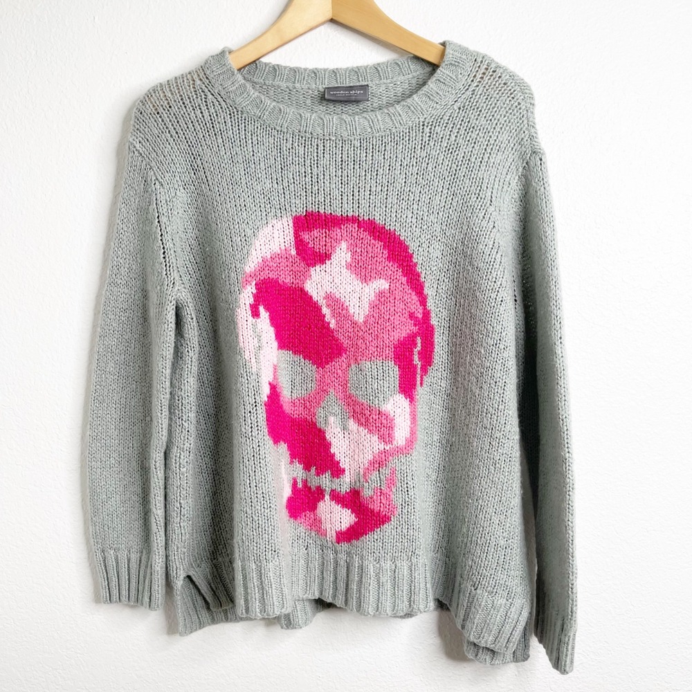 Wooden Ships Paola Buendia Grey‎ Pink Camo Skull Mohair Wool Knit Sweater XS/S